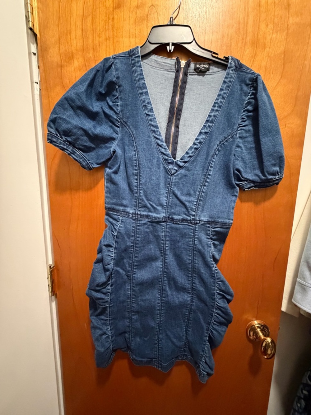 Bebe Denim V-Neck Short Sleeve Dress - Deep Blue